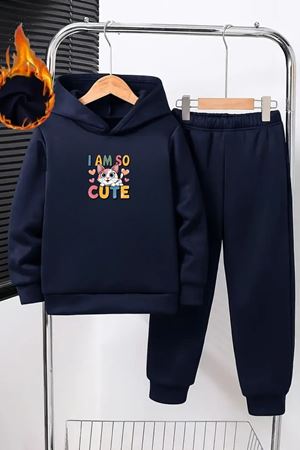 Çocuk Kapüşonlu Eşofman Takımı – Lacivert I Am So Cute Baskılı Sweat & Jogger