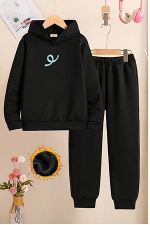 Çocuk Siyah Eşofman Takımı-RENKLİ PARILTI Baskılı-Şardonlu Kumaş