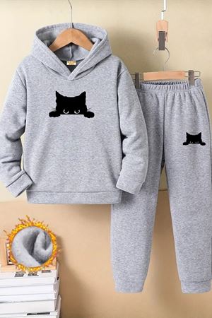 Çocuk Gri Kapüşonlu Eşofman Takımı Şardonlu Kumaş Kışlık İkili Set - Kara Kedi Baskılı