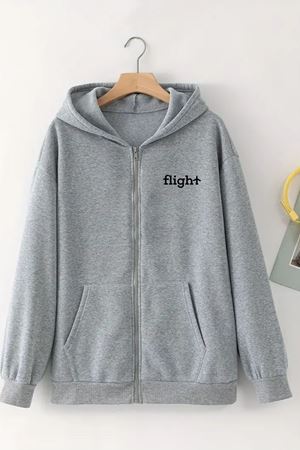 Unisex Gri Kapüşonlu Fermuarlı HIRKA – FLİGHT Baskılı, Şardonlu Kalın Kumaş