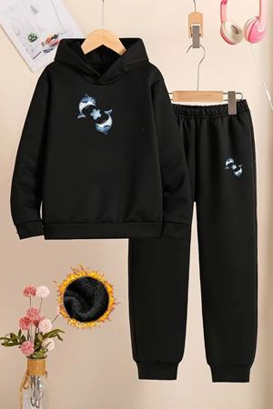 Çocuk Siyah Eşofman Takımı-2Lİ YUNUS Baskılı-Şardonlu Kumaş