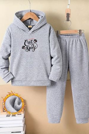 Çocuk Gri Kapüşonlu Eşofman Takımı Şardonlu Kumaş Kışlık İkili Set - Cat Day Baskılı