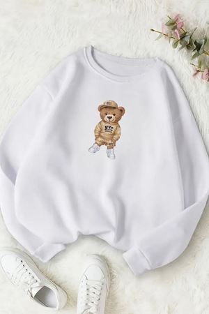 Unisex Beyaz NYC AYICIK Baskılı Bisiklet Yaka Sweatshirt- Kışlık Şardonlu Kumaş