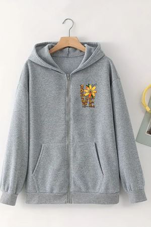 Unisex Gri Kapüşonlu Fermuarlı HIRKA – LOVE ÇİÇEK Baskılı, Şardonlu Kalın Kumaş