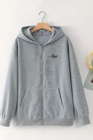 Unisex Gri Kapüşonlu Fermuarlı HIRKA – MİNİMAL HOPE Baskılı, Şardonlu Kalın Kumaş