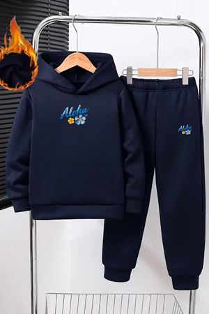 Çocuk Kapüşonlu Eşofman Takımı – Lacivert Aloha Çiçek Baskılı Sweat & Jogger