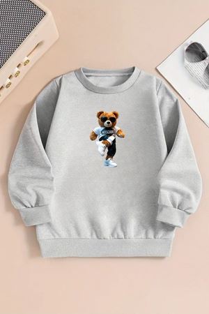 Unisex MOSCHIMO Baskılı Gri Bisiklet Yaka Sweatshirt-Kışlık Şardonlu Kumaş