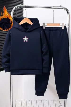 Çocuk Kapüşonlu Eşofman Takımı – Lacivert Çiçek Baskılı Sweat & Jogger