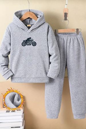 Çocuk Gri Kapüşonlu Eşofman Takımı Şardonlu Kumaş Kışlık İkili Set - Motorcu Baskılı