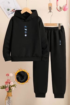 Çocuk Siyah Eşofman Takımı-DENİZ FİGÜR Baskılı-Şardonlu Kumaş