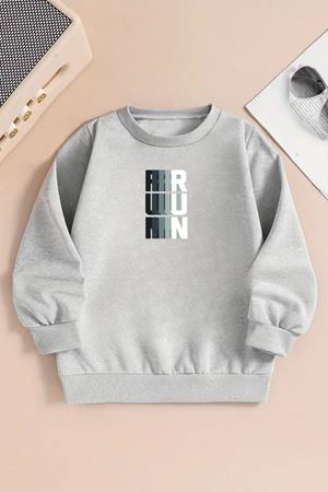 Unisex RUN Baskılı Gri Bisiklet Yaka Sweatshirt-Kışlık Şardonlu Kumaş