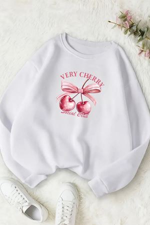 Unisex Beyaz VERY CHERRY Baskılı Bisiklet Yaka Sweatshirt- Kışlık Şardonlu Kumaş