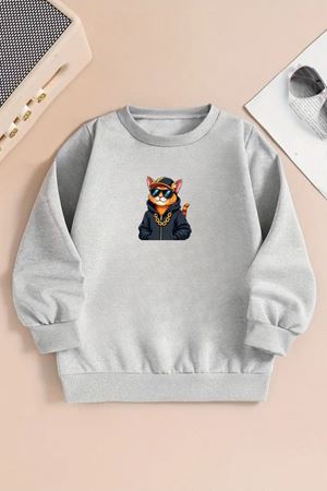 Unisex HİP HOP KEDİ Baskılı Gri Bisiklet Yaka Sweatshirt-Kışlık Şardonlu Kumaş