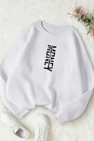 Unisex Beyaz MONEY Baskılı Bisiklet Yaka Sweatshirt- Kışlık Şardonlu Kumaş