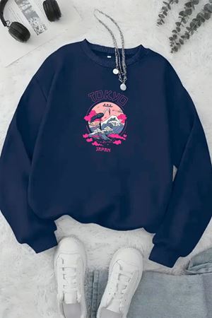 Unisex Lacivert TOKYO JAPON Baskılı Bisiklet Yaka Sweatshirt- Kışlık Şardonlu Kumaş
