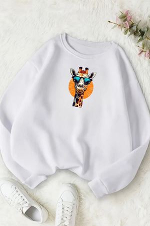 Unisex Beyaz ZÜRAFA Baskılı Bisiklet Yaka Sweatshirt- Kışlık Şardonlu Kumaş