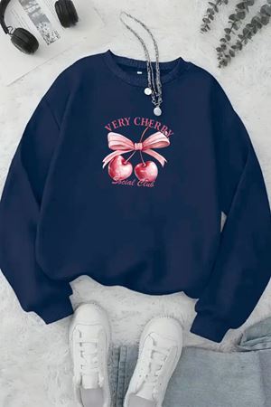 Unisex Lacivert VERY CHERRY Baskılı Bisiklet Yaka Sweatshirt- Kışlık Şardonlu Kumaş