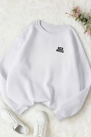 Unisex Beyaz MİNİMAL THE BOS Baskılı Bisiklet Yaka Sweatshirt- Kışlık Şardonlu Kumaş