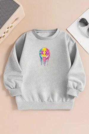 Unisex RENKLİ YÜZ Baskılı Gri Bisiklet Yaka Sweatshirt-Kışlık Şardonlu Kumaş