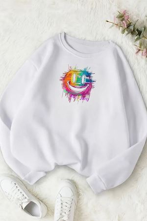 Unisex Beyaz BE POSİTİVE EMJ Baskılı Bisiklet Yaka Sweatshirt- Kışlık Şardonlu Kumaş