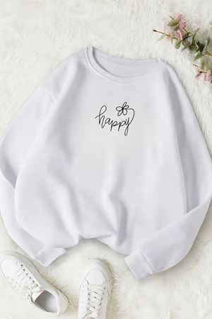 Unisex Beyaz HAPPY ÇİÇEK Baskılı Bisiklet Yaka Sweatshirt- Kışlık Şardonlu Kumaş