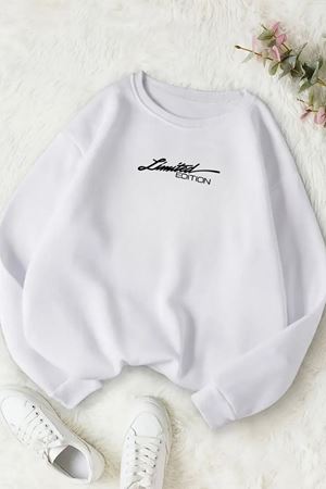 Unisex Beyaz LİMİTED EDİTİON Baskılı Bisiklet Yaka Sweatshirt- Kışlık Şardonlu Kumaş