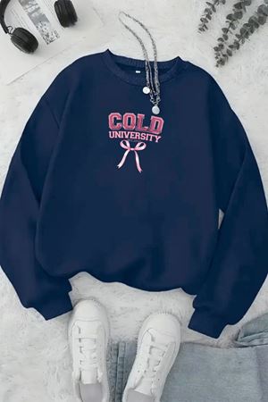 Unisex Lacivert COLD UNİVERSİTY Baskılı Bisiklet Yaka Sweatshirt- Kışlık Şardonlu Kumaş