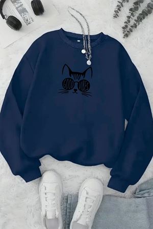 Unisex Lacivert GOOD VİBES CAT Baskılı Bisiklet Yaka Sweatshirt- Kışlık Şardonlu Kumaş