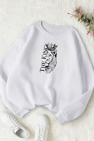 Unisex Beyaz THE KİNG Baskılı Bisiklet Yaka Sweatshirt- Kışlık Şardonlu Kumaş