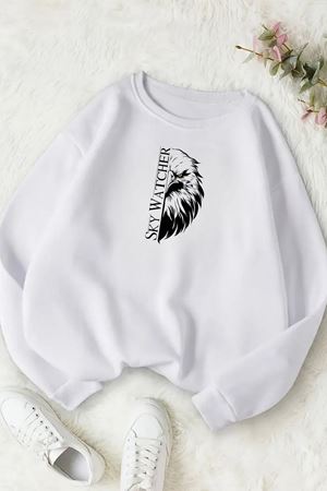 Unisex Beyaz SKY WATCHER Baskılı Bisiklet Yaka Sweatshirt- Kışlık Şardonlu Kumaş