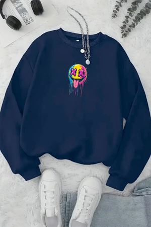 Unisex Lacivert RENKLİ EMOJİ Baskılı Bisiklet Yaka Sweatshirt- Kışlık Şardonlu Kumaş