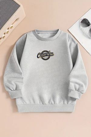Unisex CHAMPİON Baskılı Gri Bisiklet Yaka Sweatshirt-Kışlık Şardonlu Kumaş