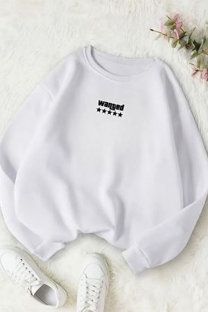 Unisex Beyaz WANTED Baskılı Bisiklet Yaka Sweatshirt- Kışlık Şardonlu Kumaş
