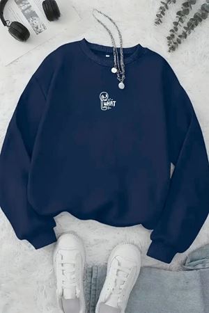 Unisex Lacivert WHAT Baskılı Bisiklet Yaka Sweatshirt- Kışlık Şardonlu Kumaş