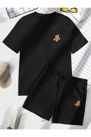 Ayıcık T-shirt Şort - Siyah Alt Üst Kombin Şort Tişört Takım Baskılı Oversize Bisiklet Yaka