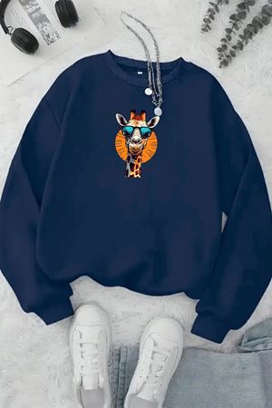 Unisex Lacivert ZÜRAFA Baskılı Bisiklet Yaka Sweatshirt- Kışlık Şardonlu Kumaş
