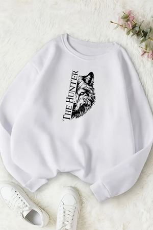 Unisex Beyaz THE HUNTER Baskılı Bisiklet Yaka Sweatshirt- Kışlık Şardonlu Kumaş