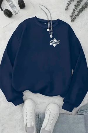 Unisex Lacivert MİNİMAL MİAMİ Baskılı Bisiklet Yaka Sweatshirt- Kışlık Şardonlu Kumaş