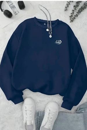 Unisex Lacivert MİNİ SMİLE Baskılı Bisiklet Yaka Sweatshirt- Kışlık Şardonlu Kumaş
