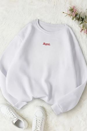 Unisex Beyaz MİNİMAL HAWAİİ Baskılı Bisiklet Yaka Sweatshirt- Kışlık Şardonlu Kumaş