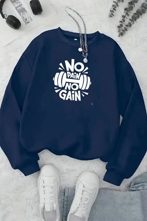 Unisex Lacivert NO PAİN NO GAİN Baskılı Bisiklet Yaka Sweatshirt- Kışlık Şardonlu Kumaş