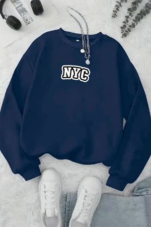 Unisex Lacivert NYC Baskılı Bisiklet Yaka Sweatshirt- Kışlık Şardonlu Kumaş