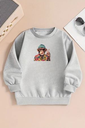 Unisex MAYMUN Baskılı Gri Bisiklet Yaka Sweatshirt-Kışlık Şardonlu Kumaş