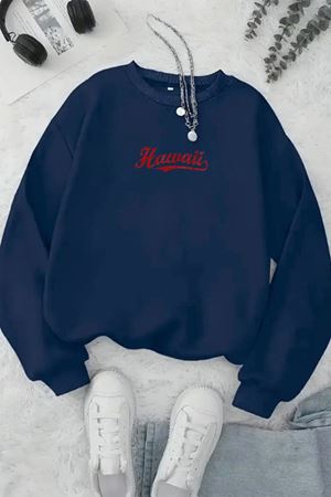 Unisex Lacivert HAWAİİ Baskılı Bisiklet Yaka Sweatshirt- Kışlık Şardonlu Kumaş