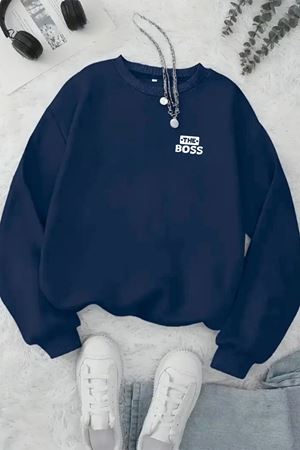 Unisex Lacivert MİNİ THE BOS Baskılı Bisiklet Yaka Sweatshirt- Kışlık Şardonlu Kumaş