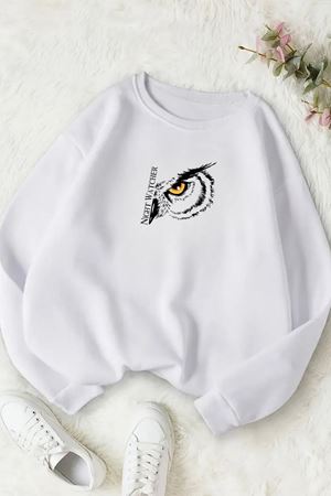 Unisex Beyaz NİGHT WATCHER Baskılı Bisiklet Yaka Sweatshirt- Kışlık Şardonlu Kumaş