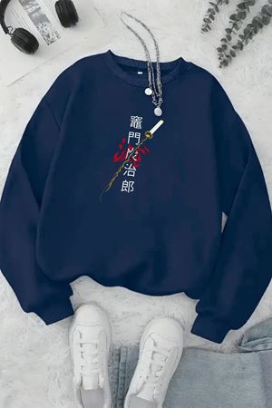 Unisex Lacivert JAPON SWORD Baskılı Bisiklet Yaka Sweatshirt- Kışlık Şardonlu Kumaş
