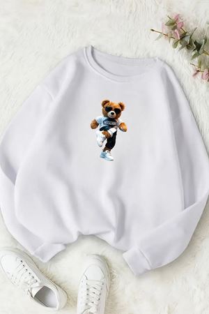 Unisex Beyaz MOSCHİNO Baskılı Bisiklet Yaka Sweatshirt- Kışlık Şardonlu Kumaş