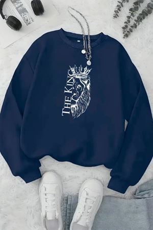 Unisex Lacivert THE KİNG Baskılı Bisiklet Yaka Sweatshirt- Kışlık Şardonlu Kumaş