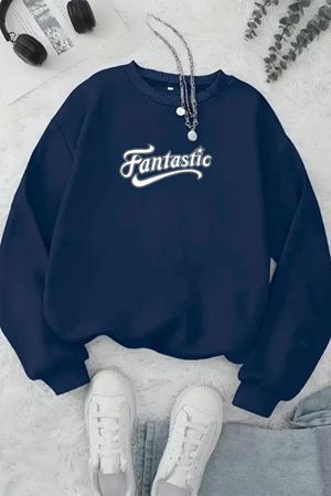 Unisex Lacivert FANTASTİC Baskılı Bisiklet Yaka Sweatshirt- Kışlık Şardonlu Kumaş